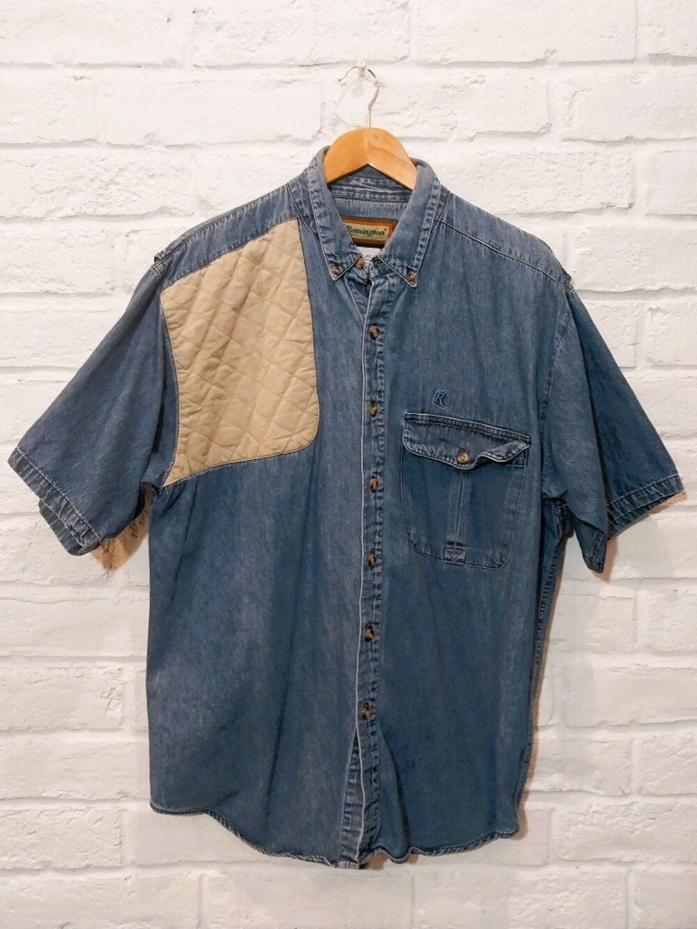 Vintage Remington Denim Shooting Shirt Mens L Blue Recoil Shoulder Patch Vented.